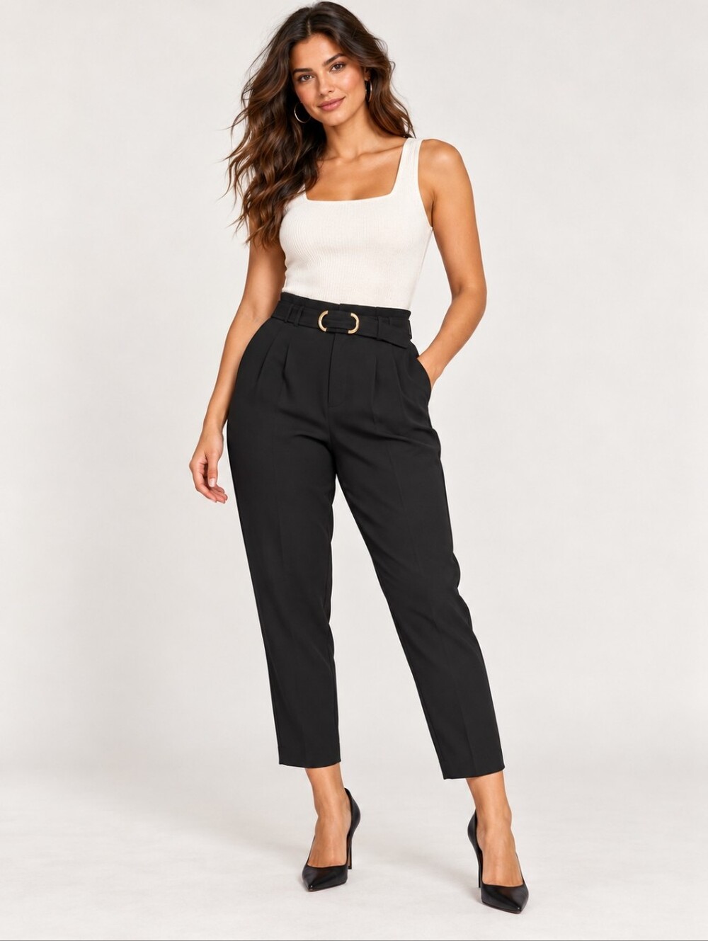 ❤️ EXPRESS HIGH RISE PLEATED TAPERED BELTED CREPE PANTS / TROUSERS, BLACK, 14 - Picture 1 of 9
